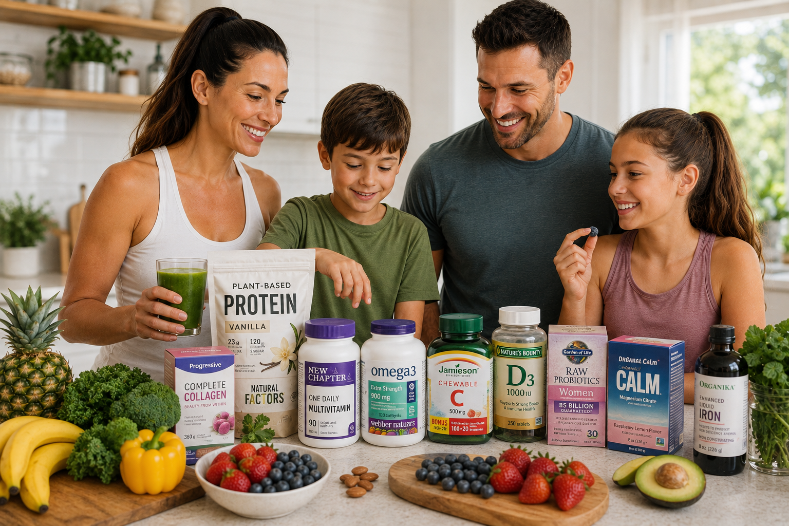 A family gathered around a kitchen counter with vitamins, supplements and fresh produce